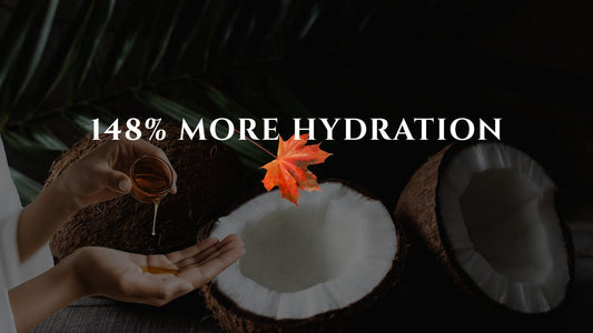 Hands applying coconut oil beside open coconuts — research-backed skincare for dry skin over 40 showing 148% more hydration, Pure & Coco fall skin barrier repair.