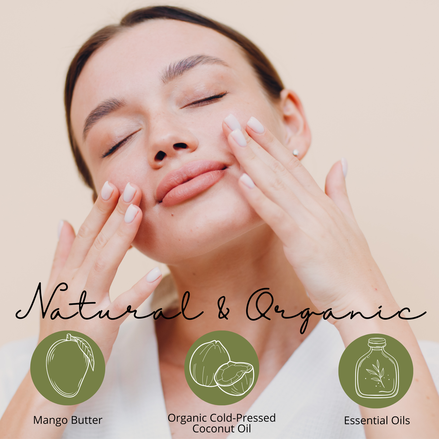 Woman massaging the Flora Mango Butter Face & Body Creme_4 oz_Pure and Coco onto her face with the ingredient highlights listed below her chin