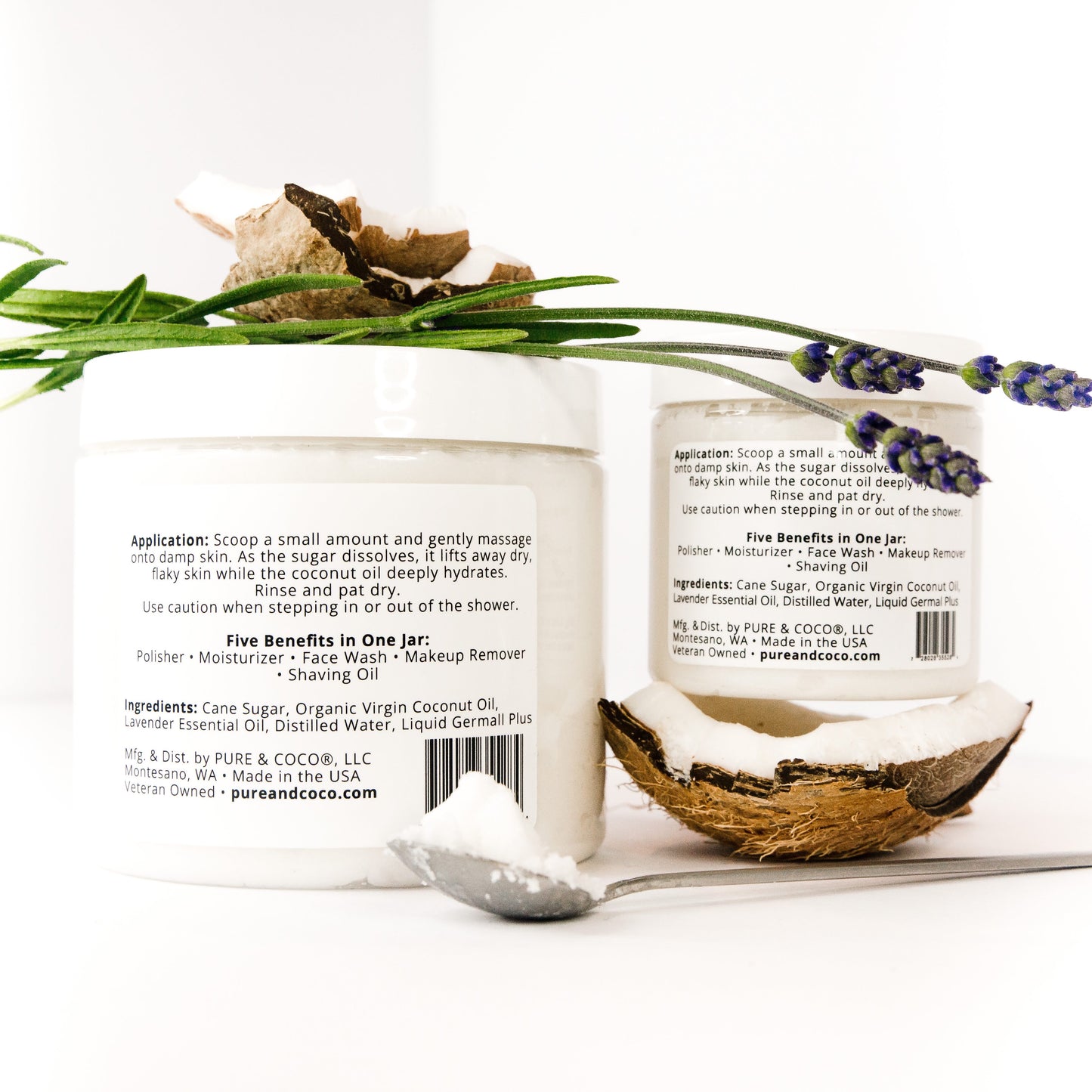 Back label of Pure & Coco Lavender & Coconut Organic Coconut Oil Face and Body Polish showing ingredients and directions for use.