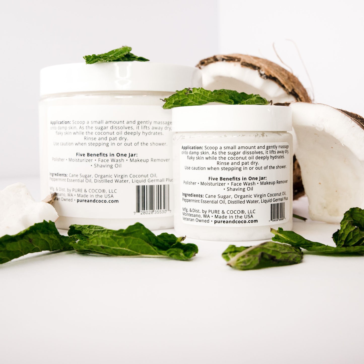 Back label of Pure & Coco Peppermint & Coconut Organic Coconut Oil Face and Body Polish showing ingredients and directions for use.