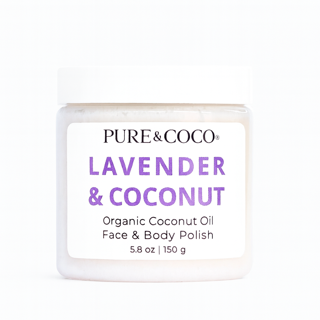 Lavender & Coconut Organic Coconut Oil Face and Body Polish by Pure & Coco — exfoliating and moisturizing polish for dry, sensitive skin.