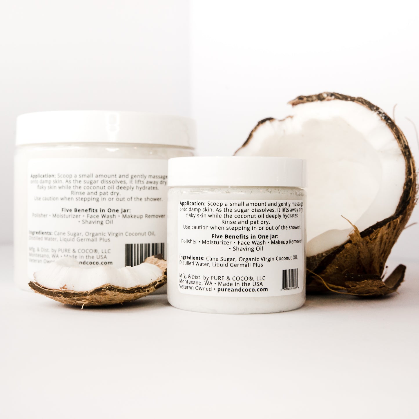 Back of Pure & Coco Natural Coconut Oil Face and Body Polish jars showing ingredients and directions for use — organic coconut oil exfoliating polish for dry, sensitive skin.