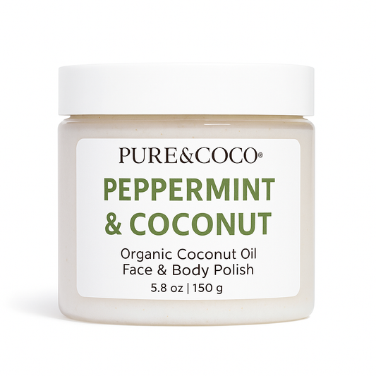 Peppermint & Coconut Organic Coconut Oil Face and Body Polish by Pure & Coco — exfoliating and moisturizing polish for dry, sensitive skin.