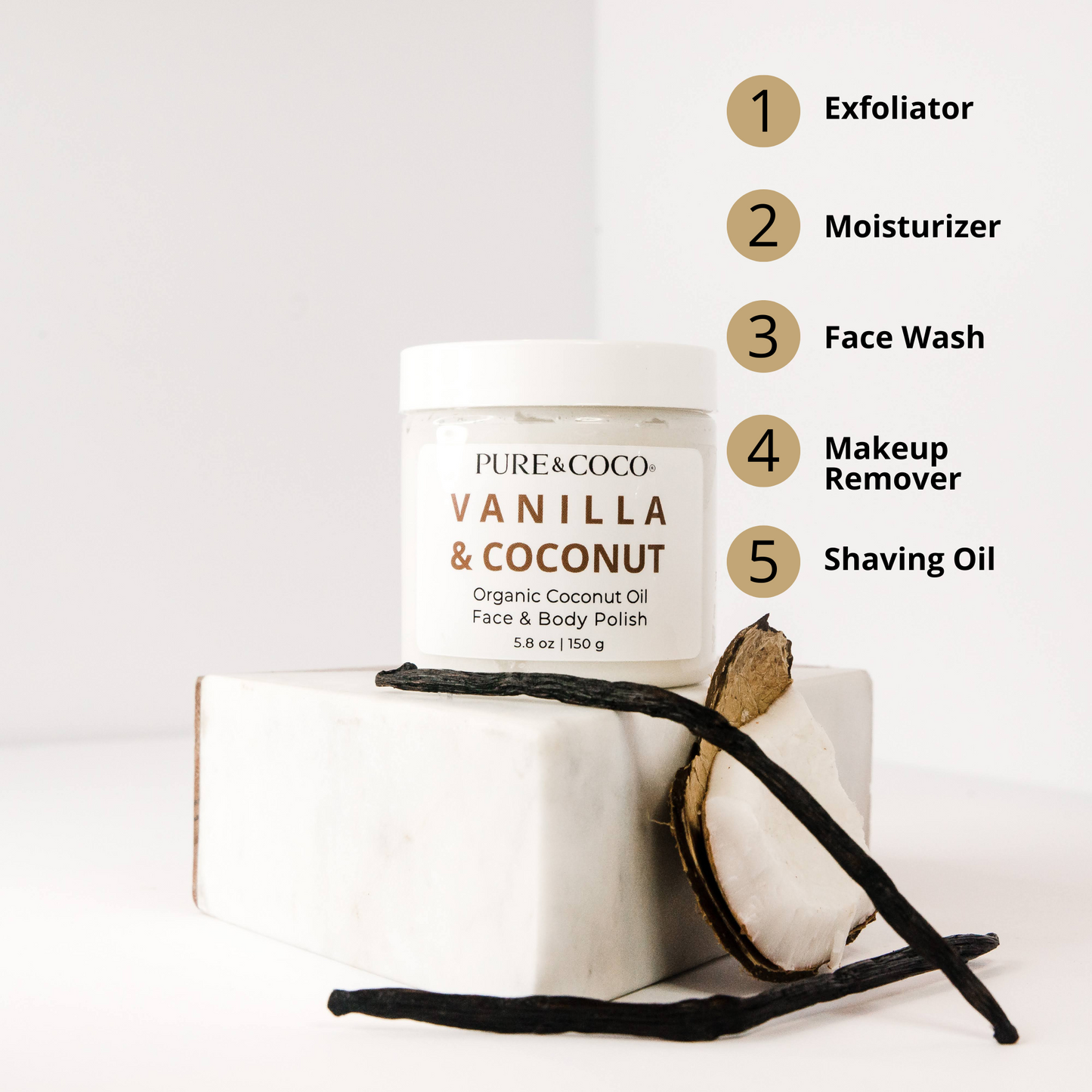 5 benefits of the Vanilla and Coconut Organic Coconut Oil Face and Body Polish_Pure and Cooc_Infographic