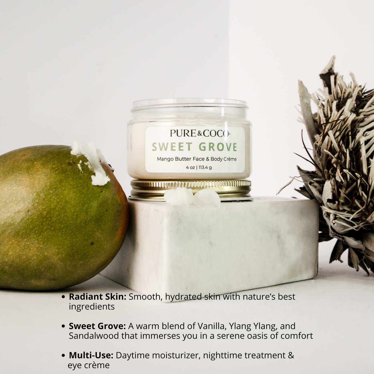 Infographic showing the benefits of Pure & Coco Sweet Grove Mango Butter Face & Body Crème for mature skin, including deep hydration and barrier repair.
