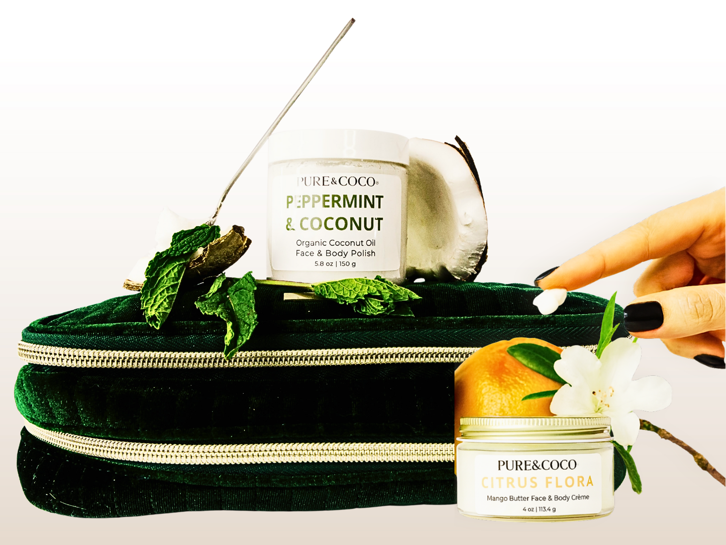 Pure & Coco Peppermint & Coconut Polish and Citrus Flora Crème on green velvet with mint, coconut, and citrus ingredients — natural, research-backed luxury skincare.