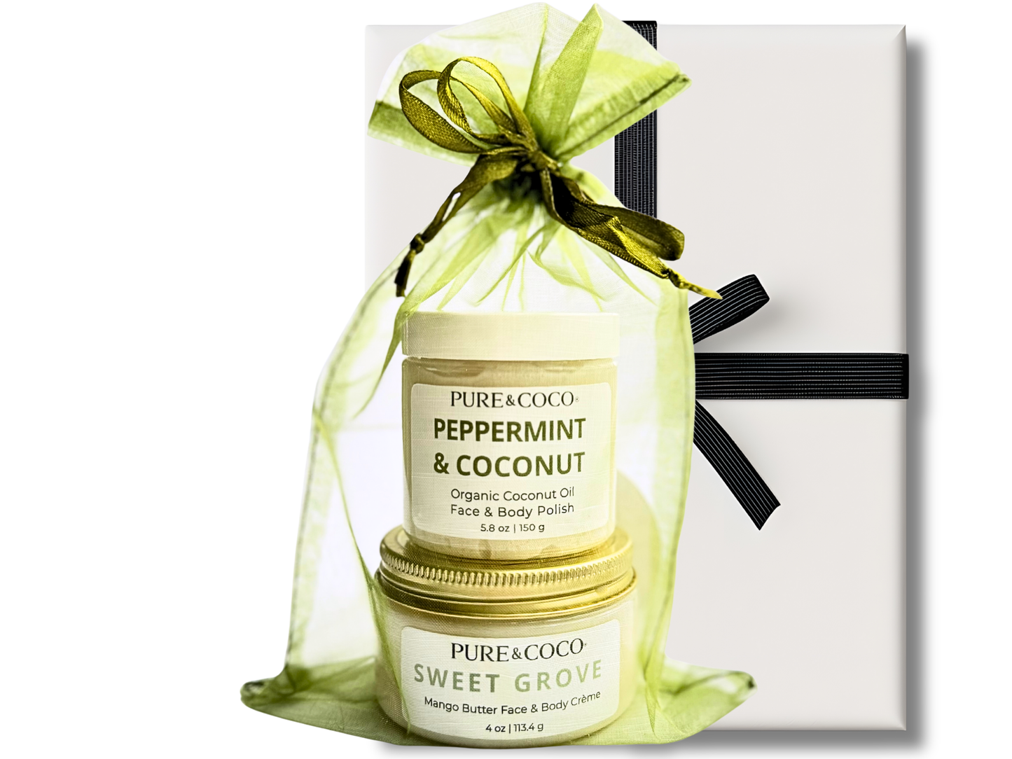 Pure & Coco Peppermint & Coconut Polish and Sweet Grove Mango Butter Crème – organic coconut oil skincare set with mint, coconut, and sandalwood accents