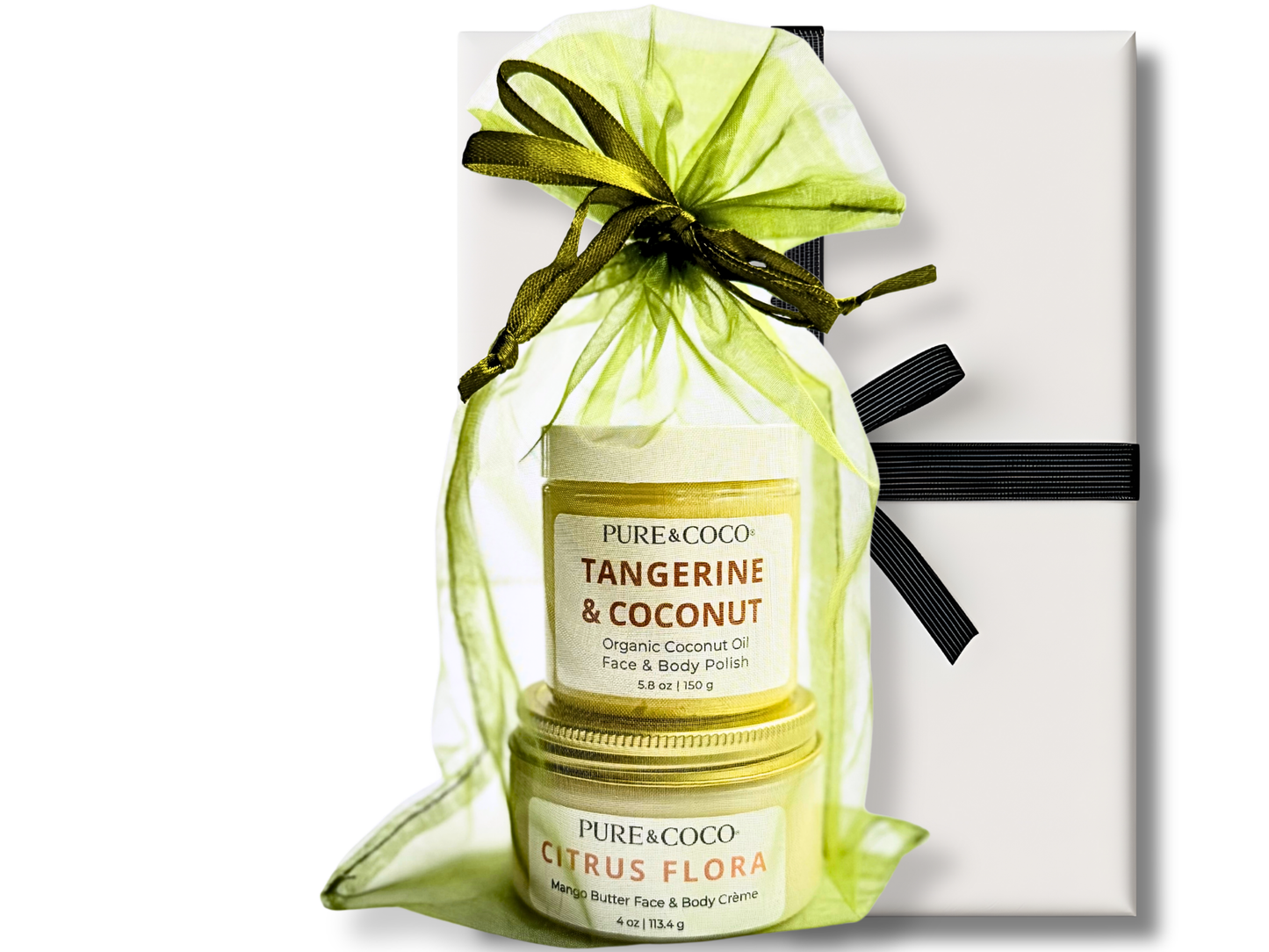 Pure & Coco Tangerine & Coconut 2-Step Skincare Gift Set – Organic Coconut Oil Face & Body Polish and Mango Butter Face & Body Crème in green organza bag, brightening for dry, sensitive, and mature skin