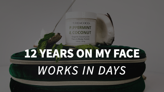 Pure & Coco Peppermint & Coconut Polish for face — winter dry skin repair with organic coconut oil, shown as ‘12 Years on My Face Works in Days’.