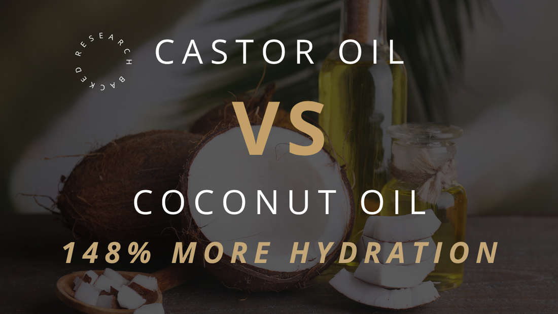 Pure & Coco blog thumbnail showing Castor Oil vs Coconut Oil comparison — research shows up to 148% more hydration for dry, mature skin.