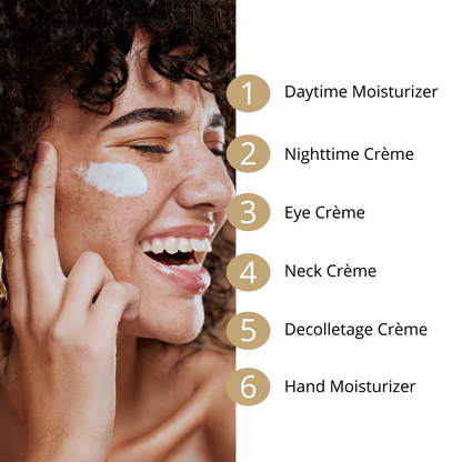 Citrus_Flora_Mango_Butter_Face_and_Body_Creme_6_benefits_Pure_and_Coco woman applying the creme to her face and smiling
