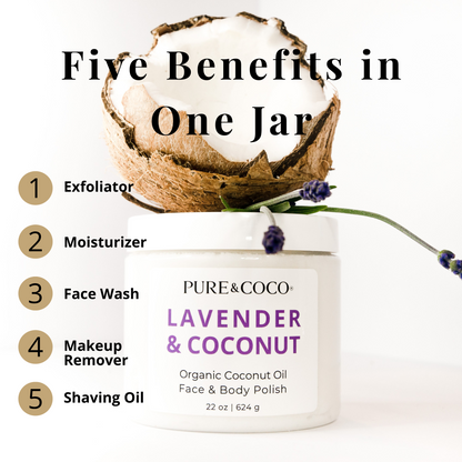 Five benefits in one jar — Pure & Coco Lavender & Coconut Organic Coconut Oil Face and Body Polish exfoliates, moisturizes, and smooths skin.