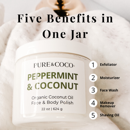 Five benefits in one jar — Pure & Coco Peppermint & Coconut Organic Coconut Oil Face and Body Polish exfoliates, moisturizes, and softens skin.