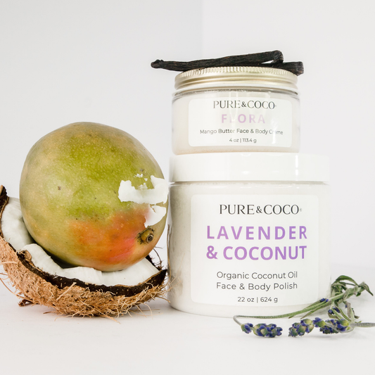 Lavender and coconut oil body scrub with mango butter cream for dry, scaly skin and keratosis pilaris (KP bumps). Spring break skincare essentials featuring fresh mango, vanilla, and organic coconut ingredients.
