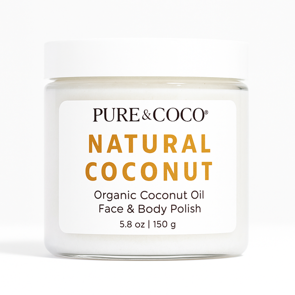 Natural Coconut Oil Face and Body Polish for dry, sensitive skin by Pure & Coco — organic exfoliating polish in white jar.