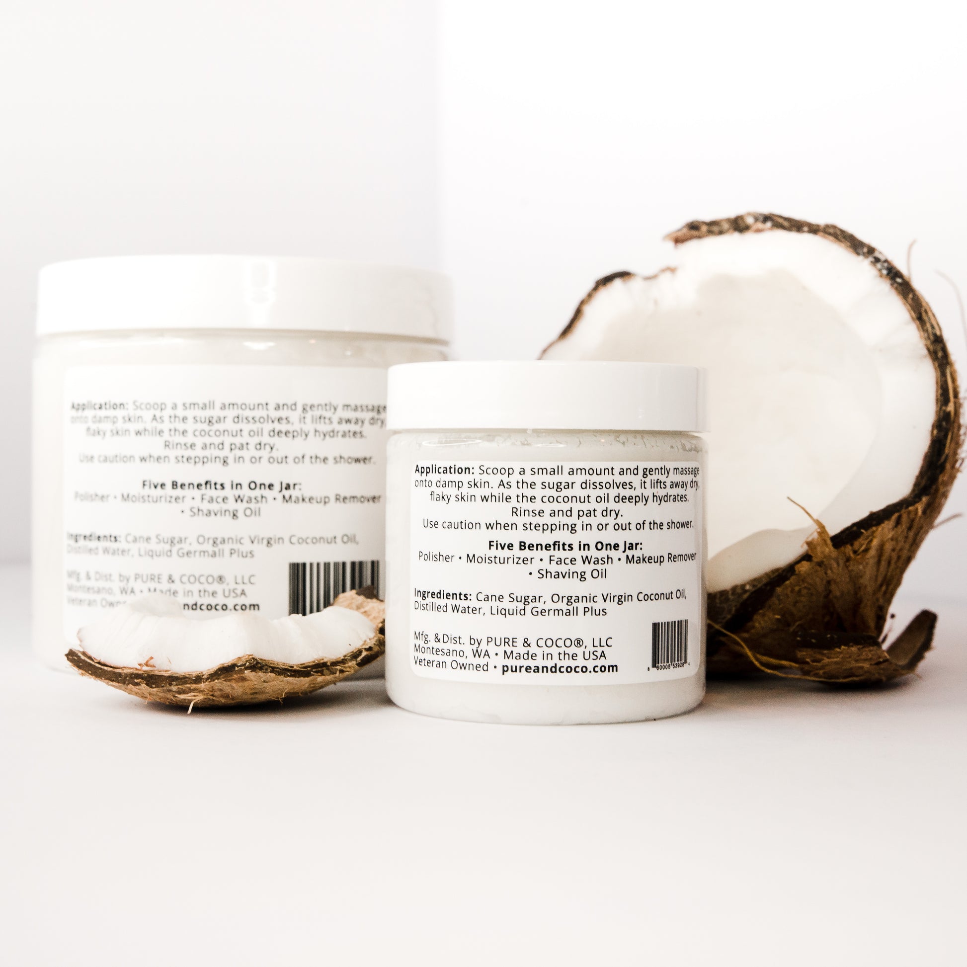 Back of Pure & Coco Natural Coconut Oil Face and Body Polish jars showing ingredients and directions for use — organic coconut oil exfoliating polish for dry, sensitive skin.