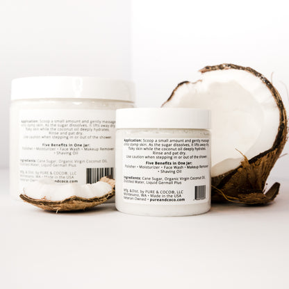Back of Pure & Coco Natural Coconut Oil Face and Body Polish jars showing ingredients and directions for use — organic coconut oil exfoliating polish for dry, sensitive skin.