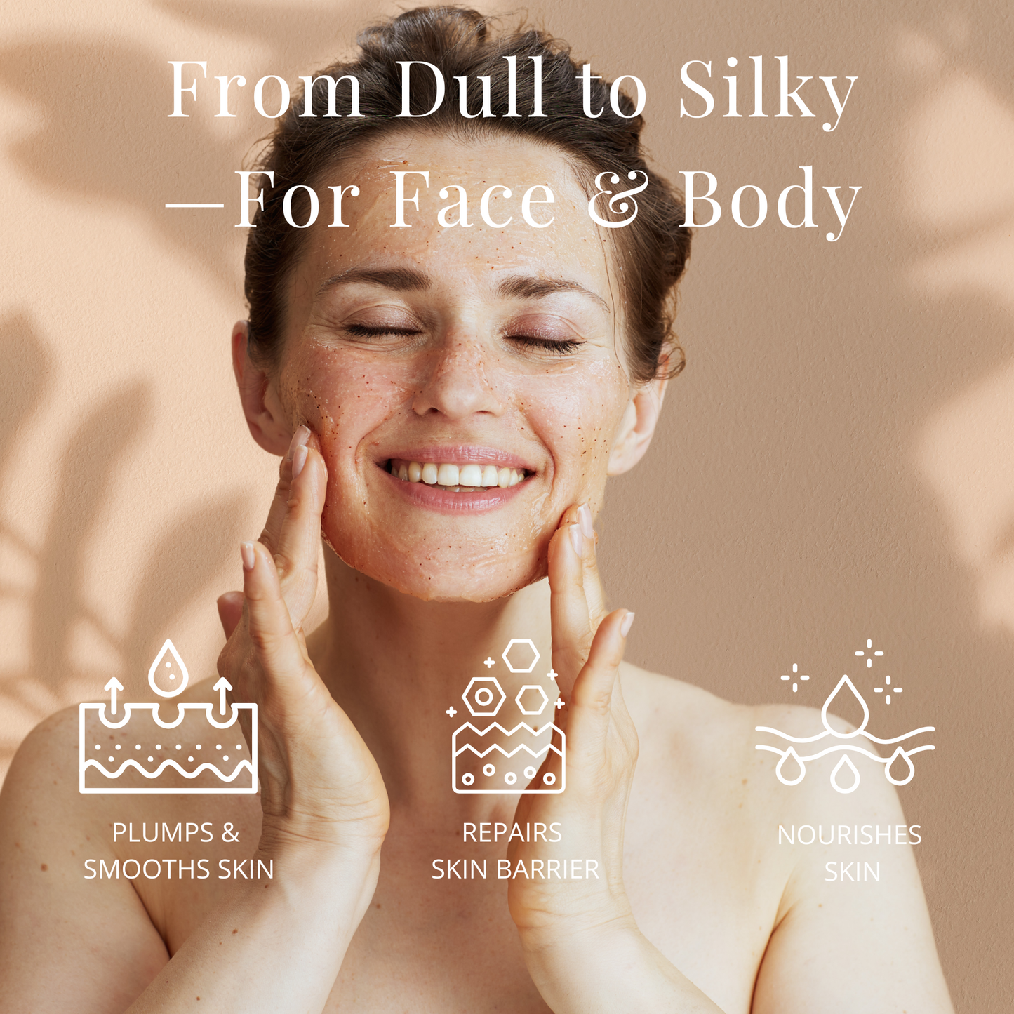 Woman massaging Natural Coconut Oil Face and Body Polish by Pure & Coco onto skin — exfoliating and hydrating for dry, sensitive skin with text “From Dull to Silky.”