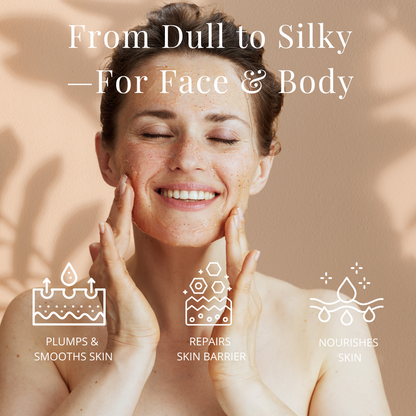Woman massaging Natural Coconut Oil Face and Body Polish by Pure & Coco onto skin — exfoliating and hydrating for dry, sensitive skin with text “From Dull to Silky.”