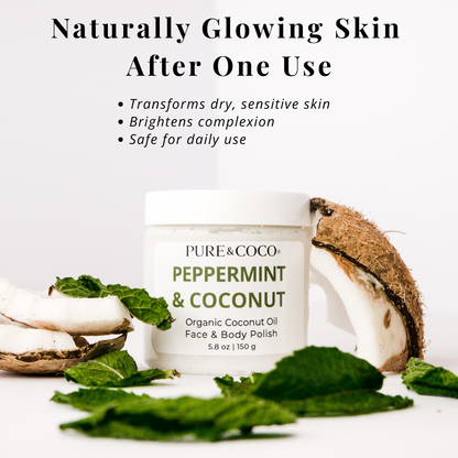 Naturally glowing skin after using Pure & Coco Peppermint & Coconut Organic Coconut Oil Face and Body Polish — smooths, hydrates, and refreshes.