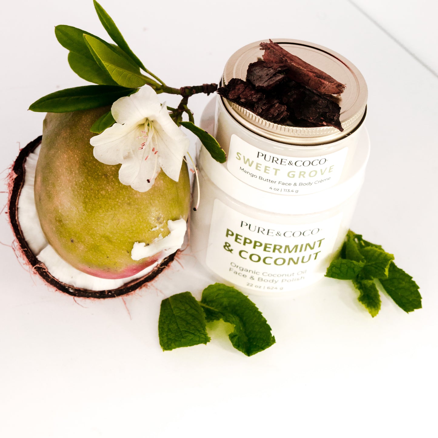 Top view of the peppermint sandalwood skincare set by pure and coco