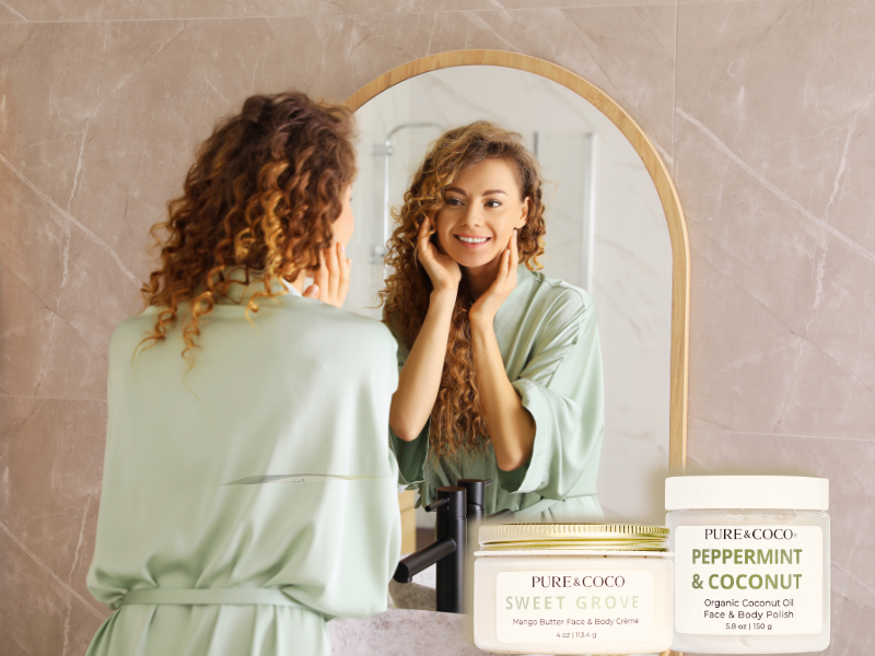 Woman applying organic coconut oil face and body polish to restore luminous glow.