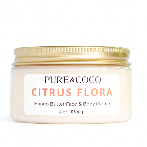 Pure & Coco Citrus Flora Mango Butter Face & Body Crème jar with gold lid, a hydrating coconut oil moisturizer for dry, mature skin.