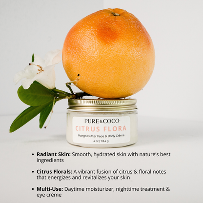 Pure & Coco Citrus Flora Mango Butter Face & Body Crème jar with grapefruit and floral branch on top, highlighting natural ingredients and multi-use benefits for dry, mature skin.