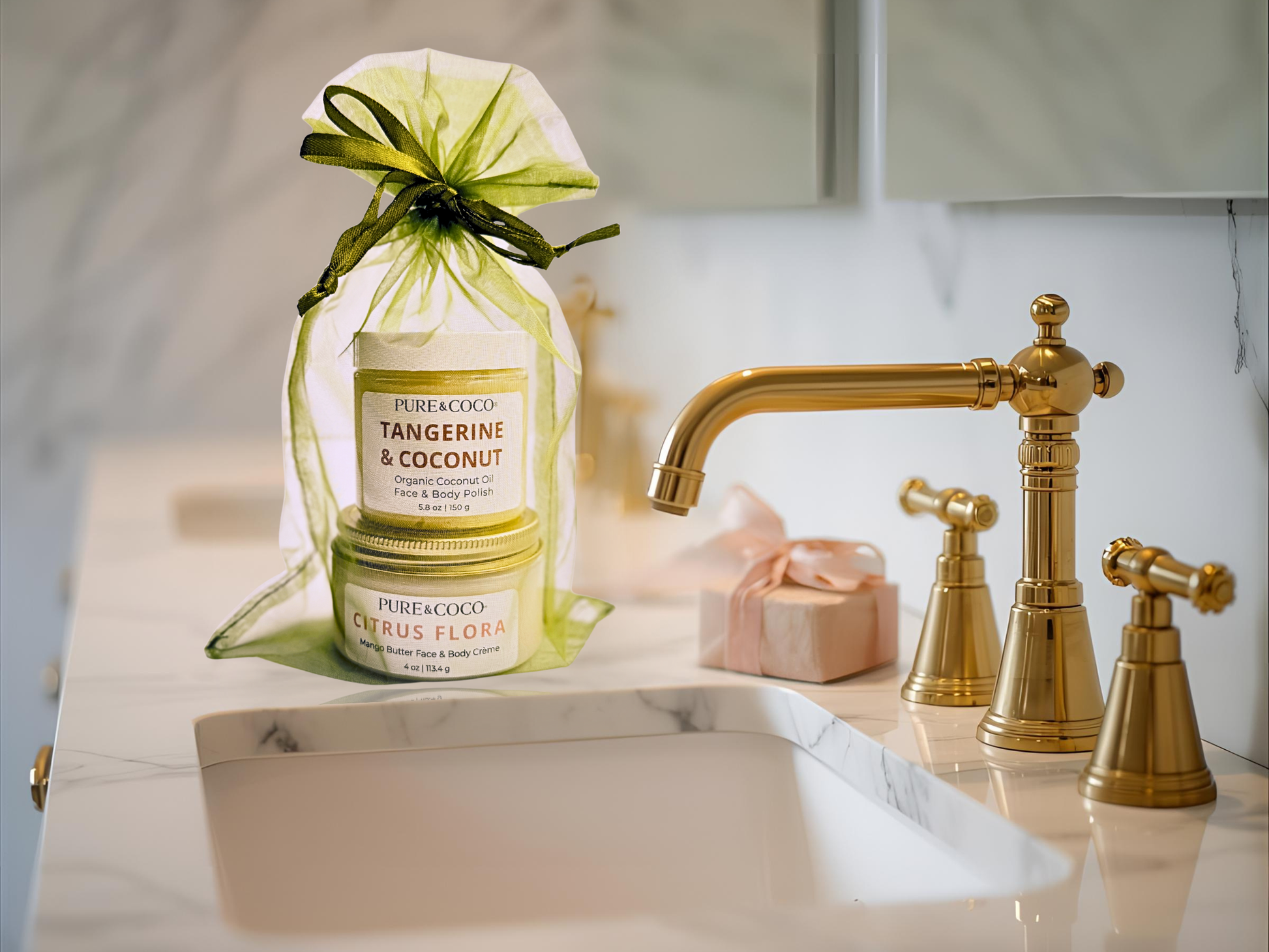 Pure & Coco Tangerine & Coconut Polish and Citrus Flora Crème displayed on marble counter with gold faucet — luxury 2-step skincare ritual for dry, sensitive skin.