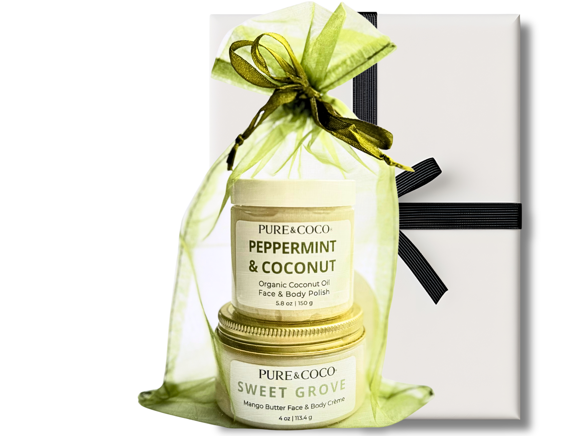 Pure & Coco Peppermint & Coconut Polish and Sweet Grove Mango Butter Crème – organic coconut oil skincare set with mint, coconut, and sandalwood accents