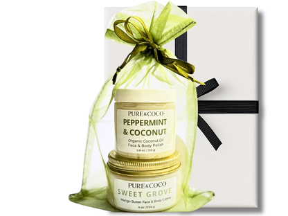 Pure & Coco Peppermint & Coconut Polish and Sweet Grove Mango Butter Crème – organic coconut oil skincare set with mint, coconut, and sandalwood accents