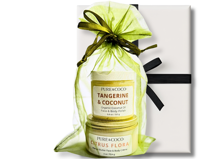 Pure & Coco Tangerine & Coconut 2-Step Skincare Gift Set – Organic Coconut Oil Face & Body Polish and Mango Butter Face & Body Crème in green organza bag, brightening for dry, sensitive, and mature skin