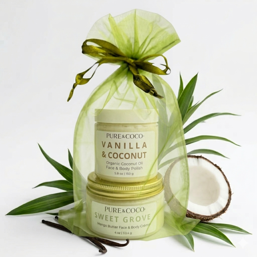 Buy Pure & Coco Vanilla & Coconut gift set: includes Organic Coconut Oil Face and Body Polish (5.8 oz) and Sweet Grove Mango Butter Face and Body Crème (4 oz) with vanilla beans. Stacked jars are enclosed in a light green organza bag with a dark green ribbon, surrounded by coconut and lanceolate leaves. Shop now for luxurious organic skincare.