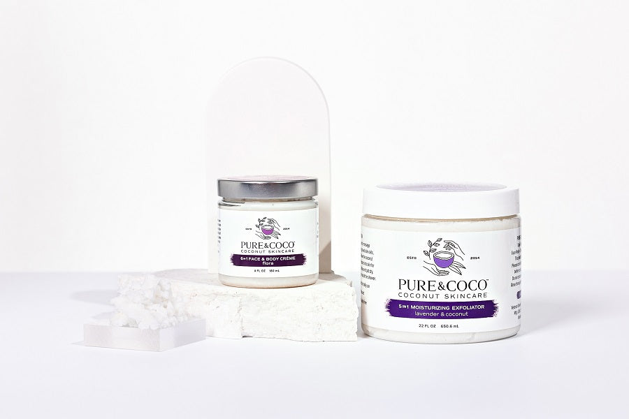 large lavender and coconut moisturizing exfoliator and flora face and body creme for women's dry, eczema and anti-aging skincare by pure and coco