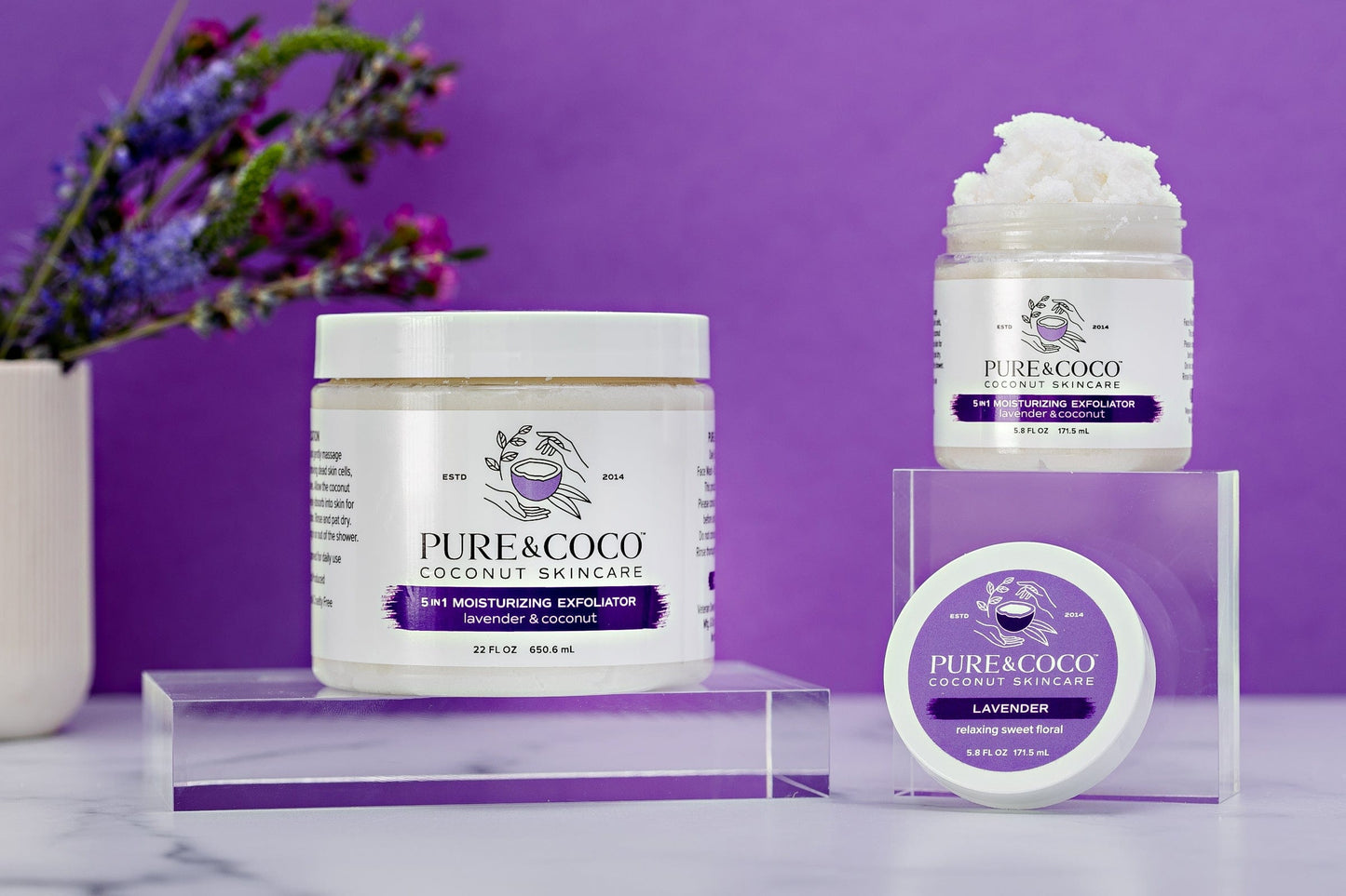lavender and coconut oil sugar scrubs for face and body exfoliators skincare set_pure and coco