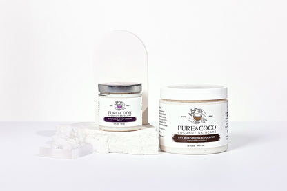large vanilla moisturizing exfoliator and flora face and body creme duo for dry, eczema skin by pure and coco